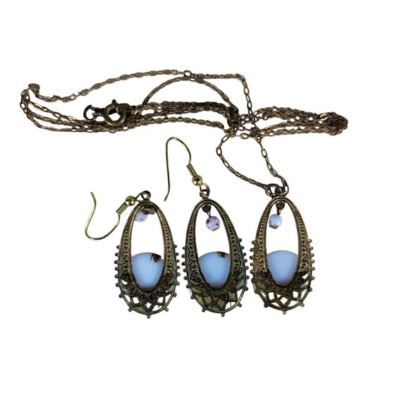 Unsigned Vintage Earrings & Necklace Set Cameo Pink Rose Porcelain Victorian - Picture 4 of 12